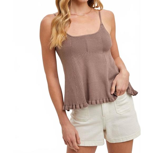 NEW BLUIVY ruffled hem ribbed cami with adjustable strap in mushroom - Picture 1 of 2
